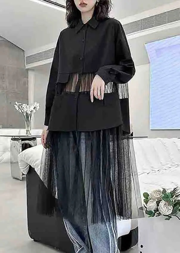 Fine Black Peter Pan Collar Tulle Patchwork Shirts Dress Fall Ada Fashion