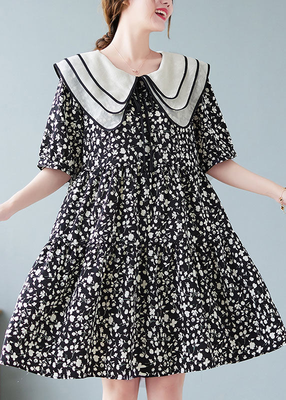 Fine Black Peter Pan Collar Wrinkled Print Patchwork Cotton Mid Dresses Summer LY5361 - fabuloryshop