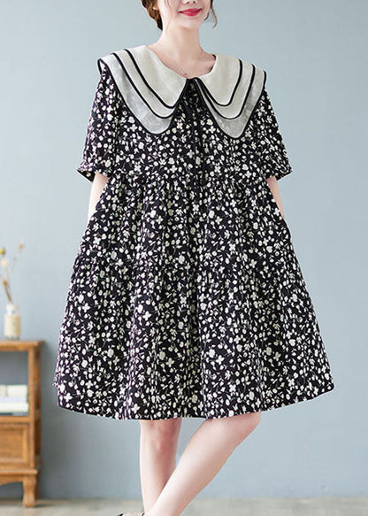 Fine Black Peter Pan Collar Wrinkled Print Patchwork Cotton Mid Dresses Summer LY5361 - fabuloryshop