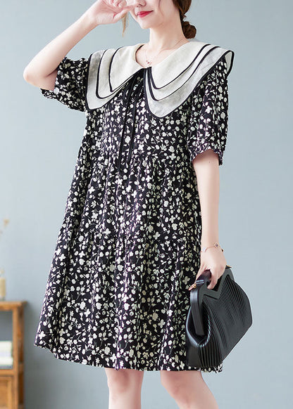 Fine Black Peter Pan Collar Wrinkled Print Patchwork Cotton Mid Dresses Summer LY5361 - fabuloryshop