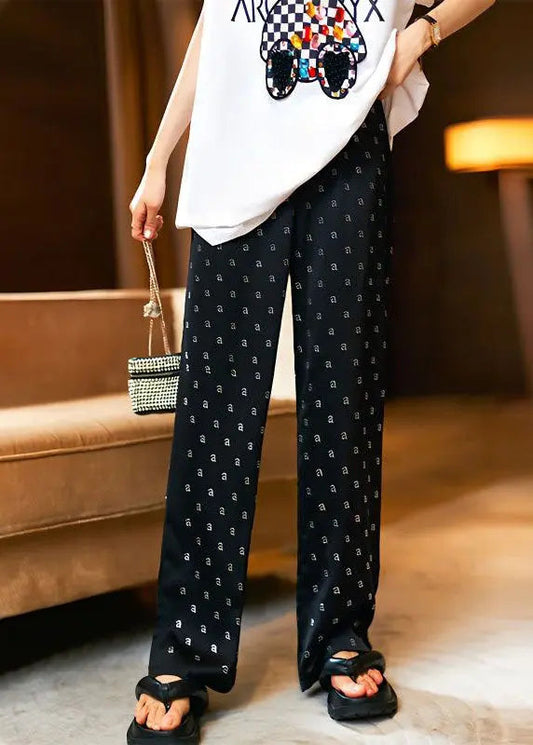 Fine Black Pockets Letter Zircon Patchwork Cotton Straight Pants Fall Ada Fashion