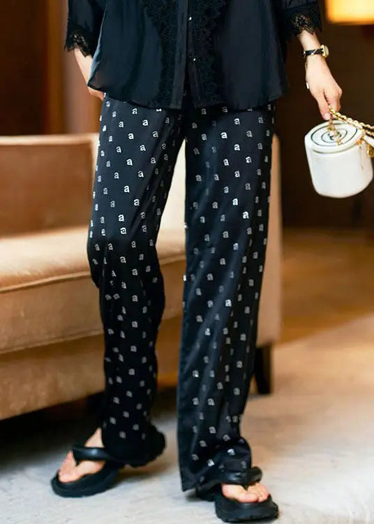 Fine Black Pockets Letter Zircon Patchwork Cotton Straight Pants Fall Ada Fashion