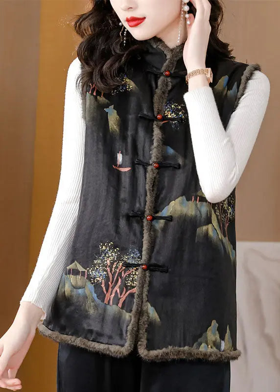 Fine Black Pockets Print Button Mink Hair Waistcoat Winter Ada Fashion