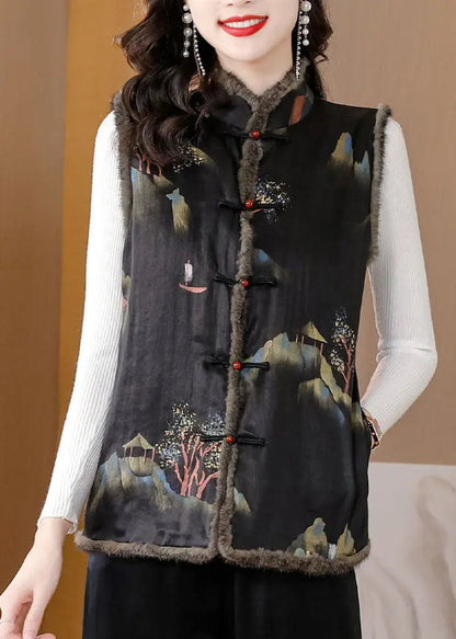 Fine Black Pockets Print Button Mink Hair Waistcoat Winter Ada Fashion