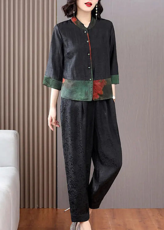 Fine Black Print Button Shirts And Crop Pants Silk Two Piece Set Fall Ada Fashion