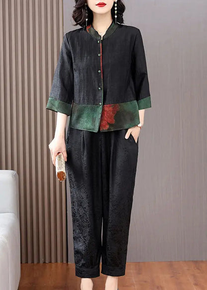 Fine Black Print Button Shirts And Crop Pants Silk Two Piece Set Fall Ada Fashion