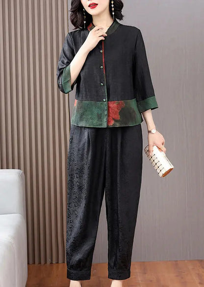 Fine Black Print Button Shirts And Crop Pants Silk Two Piece Set Fall Ada Fashion