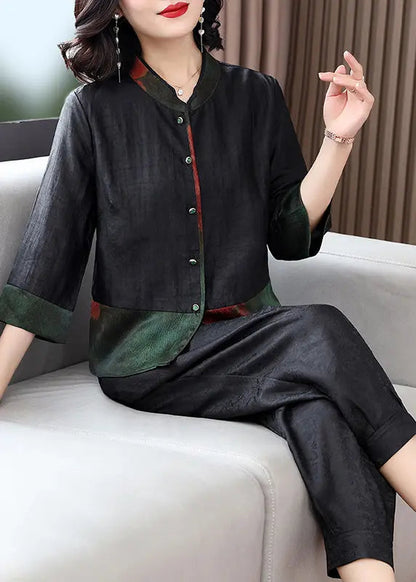 Fine Black Print Button Shirts And Crop Pants Silk Two Piece Set Fall Ada Fashion