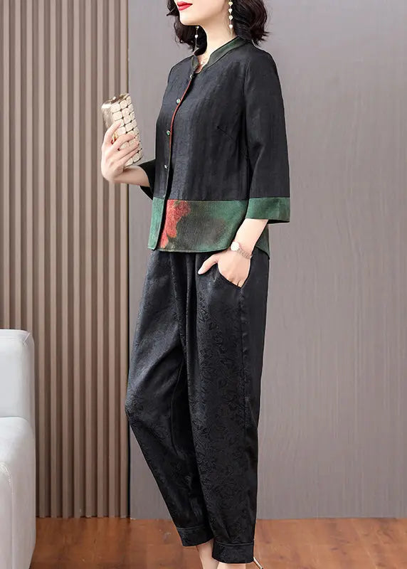 Fine Black Print Button Shirts And Crop Pants Silk Two Piece Set Fall Ada Fashion