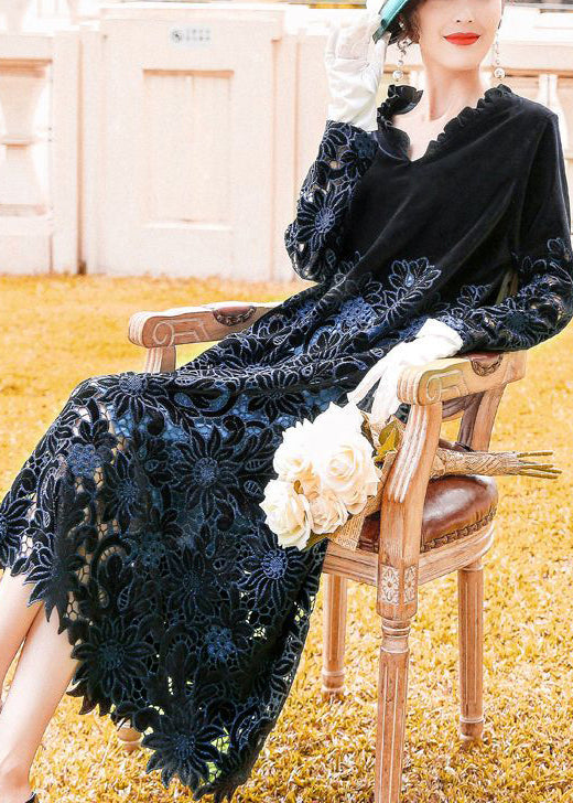 Fine Black Ruffled Embroideried Hollow Out Silk Velour Long Dress Spring LY0686