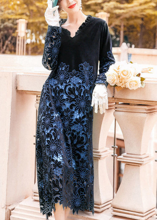 Fine Black Ruffled Embroideried Hollow Out Silk Velour Long Dress Spring LY0686 - fabuloryshop
