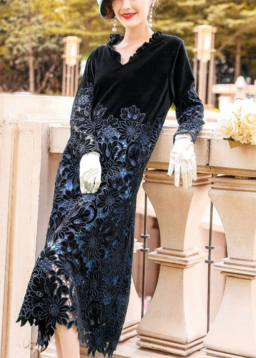 Fine Black Ruffled Embroideried Hollow Out Silk Velour Long Dress AC3059