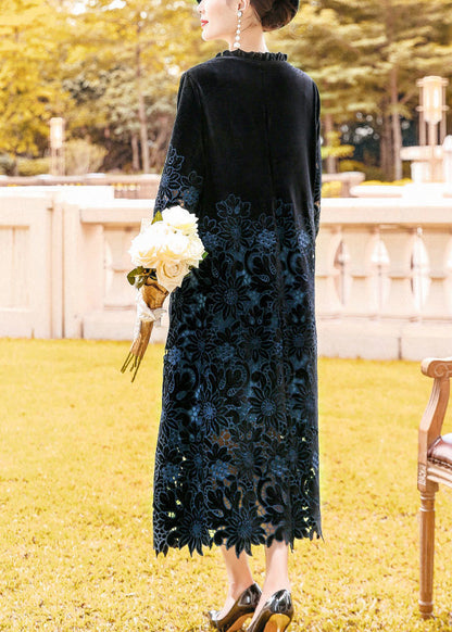 Fine Black Ruffled Embroideried Hollow Out Silk Velour Long Dress Spring LY0686 - fabuloryshop