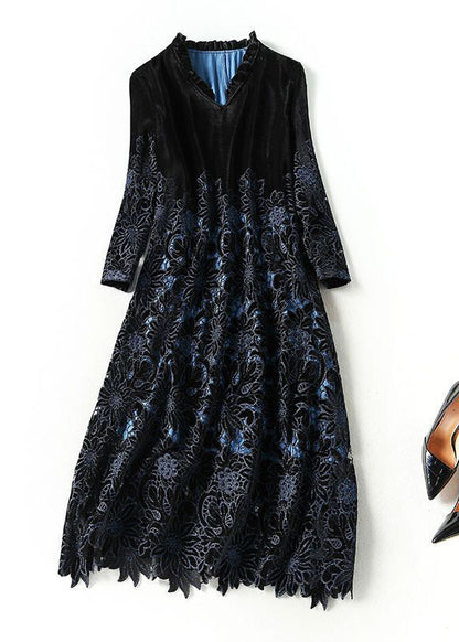 Fine Black Ruffled Embroideried Hollow Out Silk Velour Long Dress Spring LY0686 - fabuloryshop