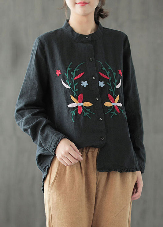 Fine Black Ruffled Embroideried Patchwork Cotton Shirt Tops Long Sleeve LY6214 - fabuloryshop