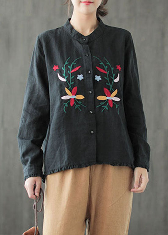 Fine Black Ruffled Embroideried Patchwork Cotton Shirt Tops Long Sleeve LY6214 - fabuloryshop