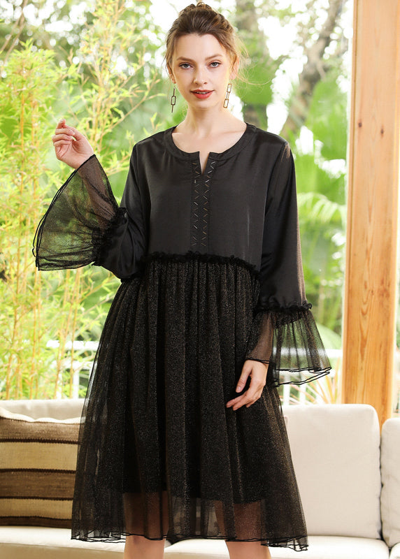 Fine Black Ruffled Patchwork Golden Sequins Chiffon Dress Flare Sleeve LY0274 - fabuloryshop