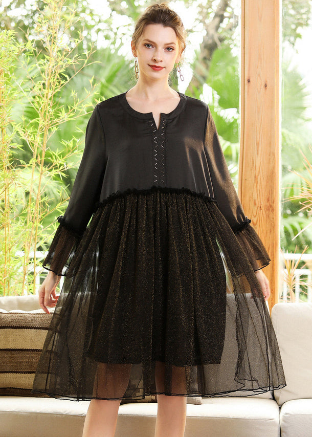 Fine Black Ruffled Patchwork Golden Sequins Chiffon Dress Flare Sleeve LY0274 - fabuloryshop