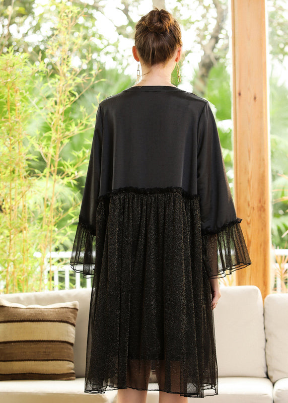 Fine Black Ruffled Patchwork Golden Sequins Chiffon Dress Flare Sleeve LY0274 - fabuloryshop