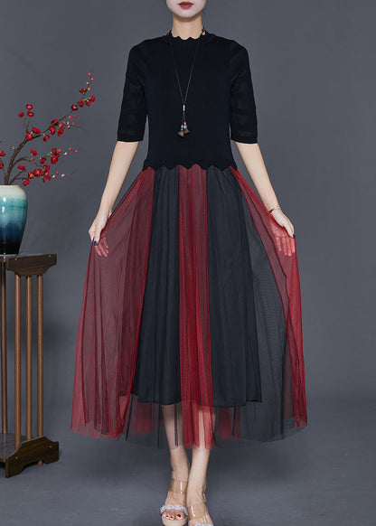 Fine Black Slim Fit Patchwork Tulle Knit Dress Half Sleeve Ada Fashion