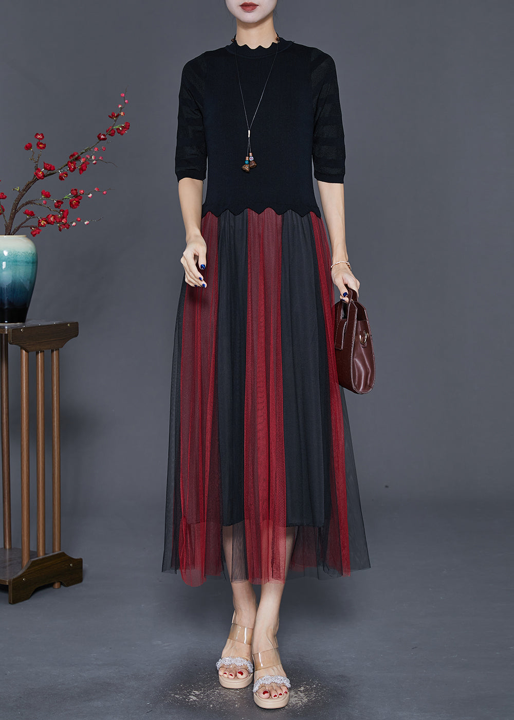 Fine Black Slim Fit Patchwork Tulle Knit Dress Half Sleeve Ada Fashion