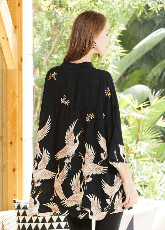 Fine Black Stand Collar Oversized Print Chiffon Top Bracelet Sleeve LY0343 - fabuloryshop