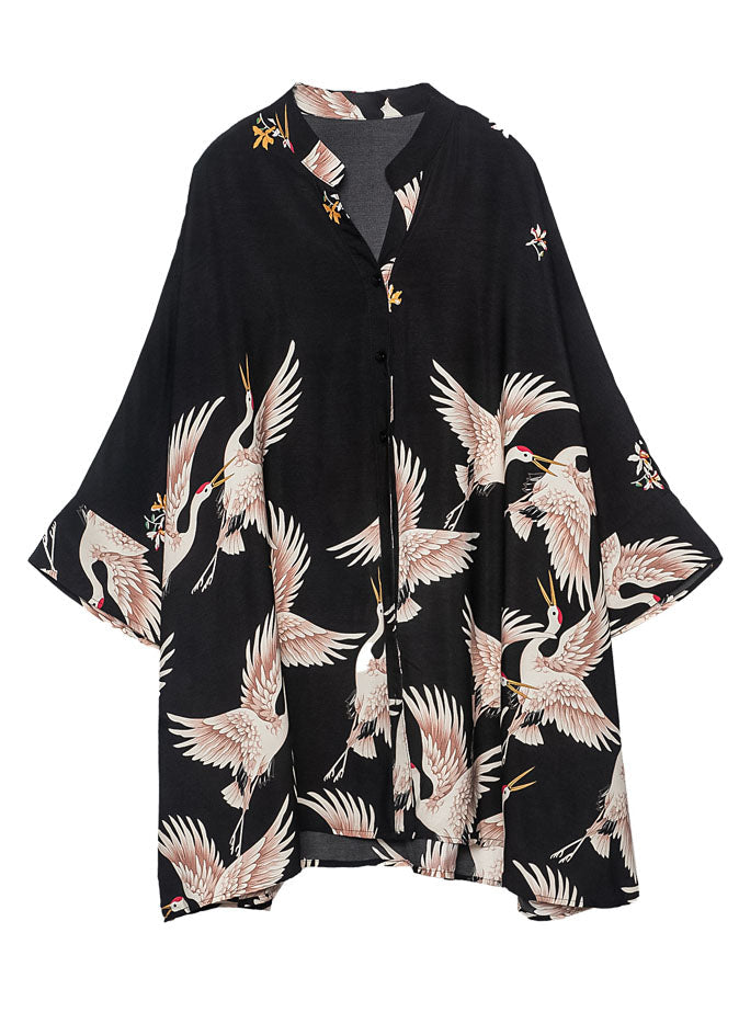 Fine Black Stand Collar Oversized Print Chiffon Top Bracelet Sleeve LY0343 - fabuloryshop