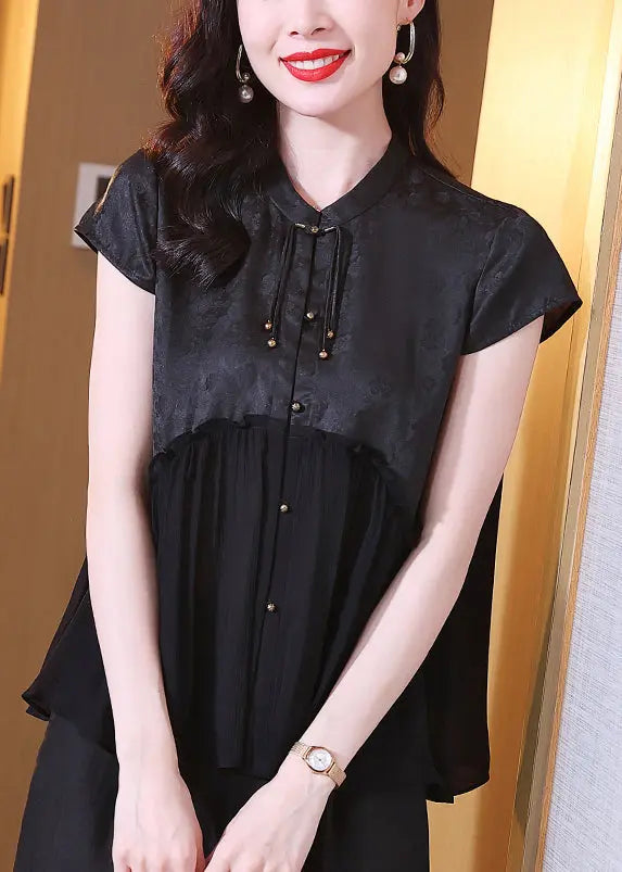 Fine Black Stand Collar Tasseled Patchwork Silk Shirt Tops Summer Ada Fashion