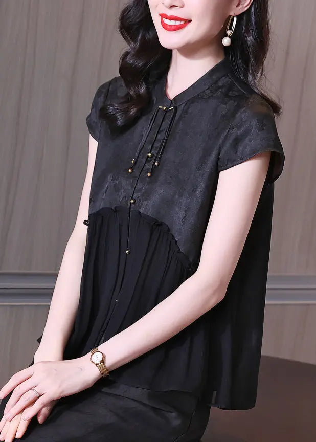 Fine Black Stand Collar Tasseled Patchwork Silk Shirt Tops Summer Ada Fashion