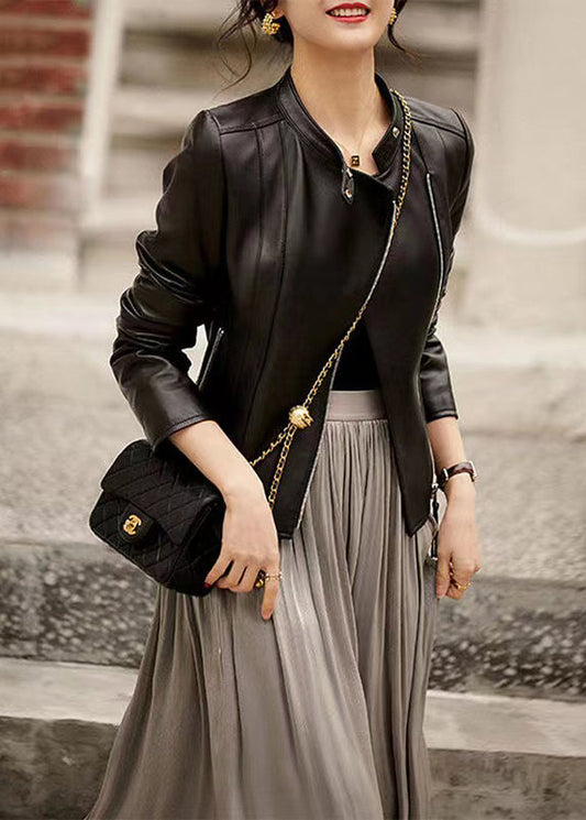 Fine Black Stand Collar Zip Up Pockets Patchwork Sheepskin Jackets Fall Ada Fashion