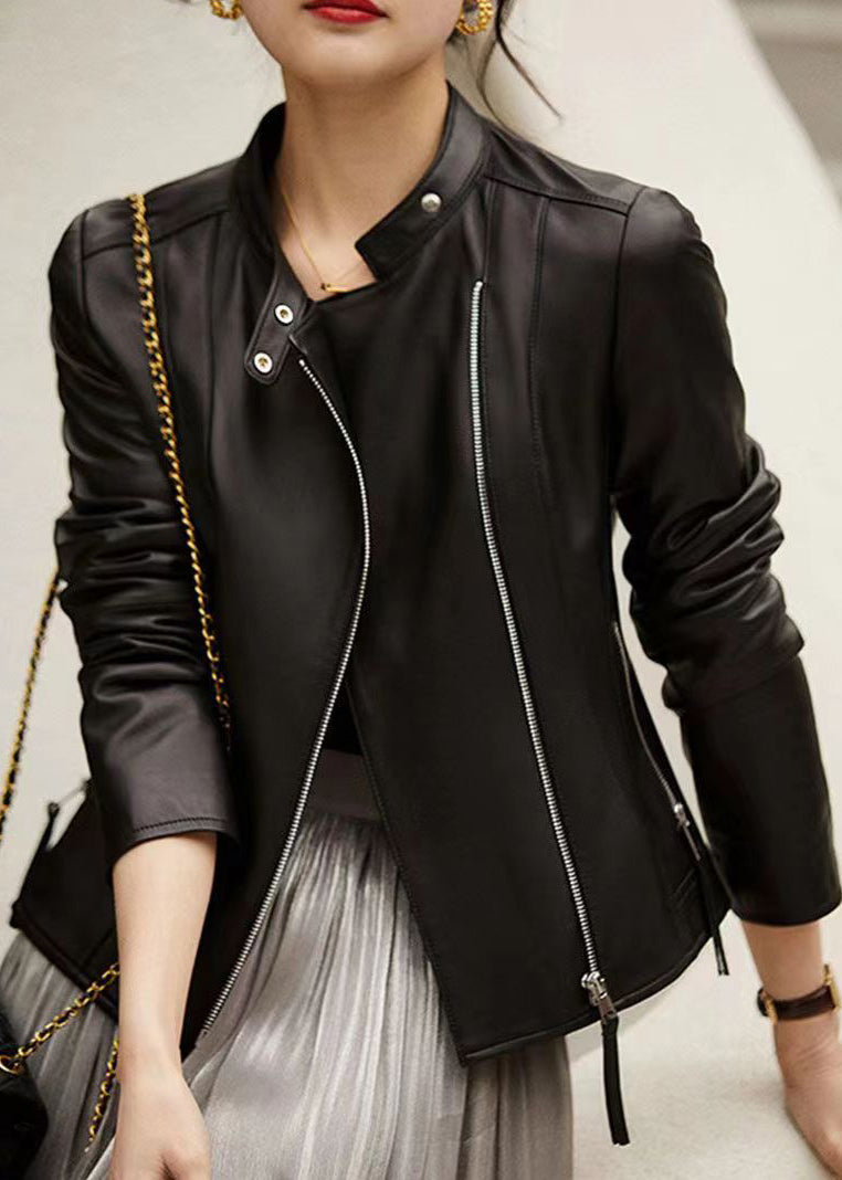 Fine Black Stand Collar Zip Up Pockets Patchwork Sheepskin Jackets Fall Ada Fashion