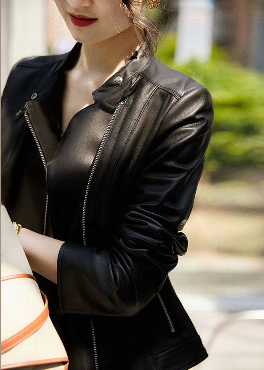 Fine Black Stand Collar Zip Up Pockets Patchwork Sheepskin Jackets Fall Ada Fashion