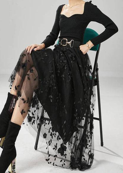 Fine Black Stereoscopic Floral Tulle Skirt Fall Ada Fashion