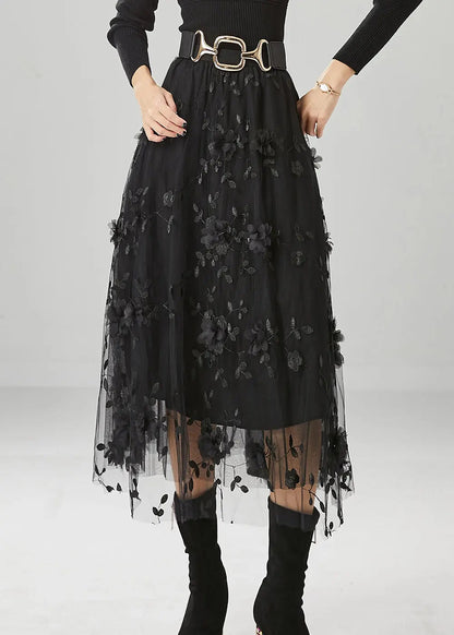 Fine Black Stereoscopic Floral Tulle Skirt Fall Ada Fashion