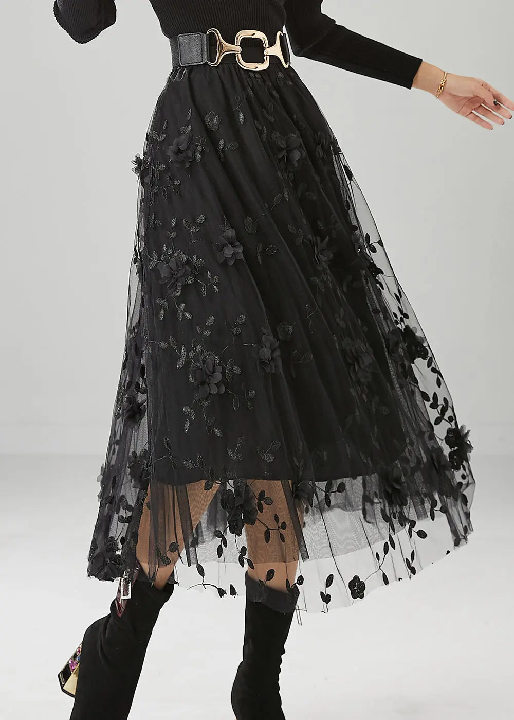 Fine Black Stereoscopic Floral Tulle Skirt Fall Ada Fashion