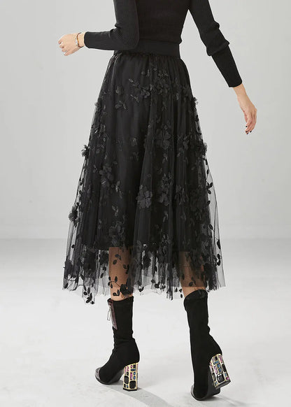 Fine Black Stereoscopic Floral Tulle Skirt Fall Ada Fashion