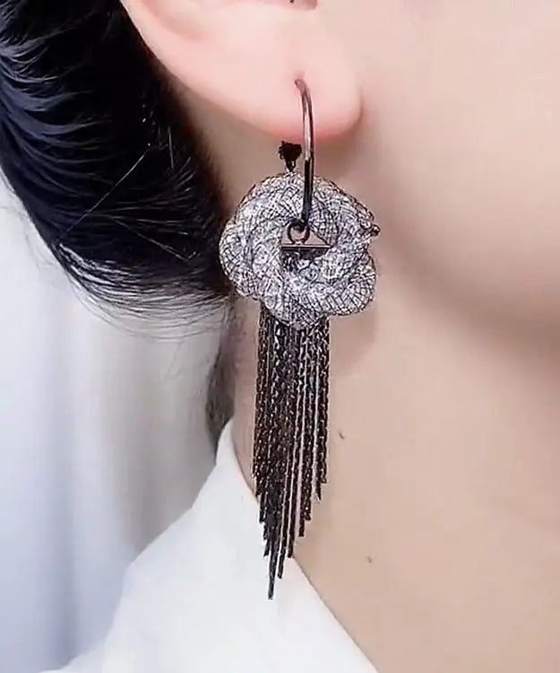 Fine Black Tulle Inlaid Zircon Flowar Tassel Drop Earrings Ada Fashion