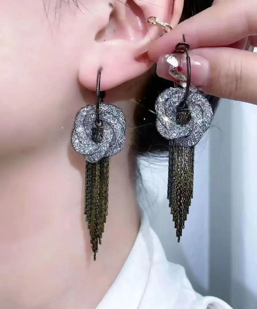 Fine Black Tulle Inlaid Zircon Flowar Tassel Drop Earrings Ada Fashion