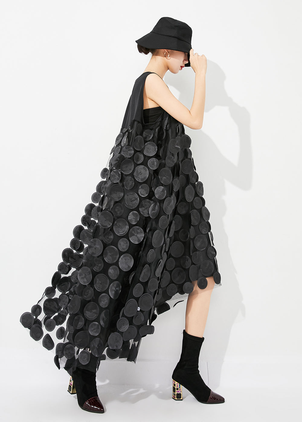 Fine Black V Neck Patchwork Low High Design Tulle Long Dresses Sleeveless LY0882 - fabuloryshop