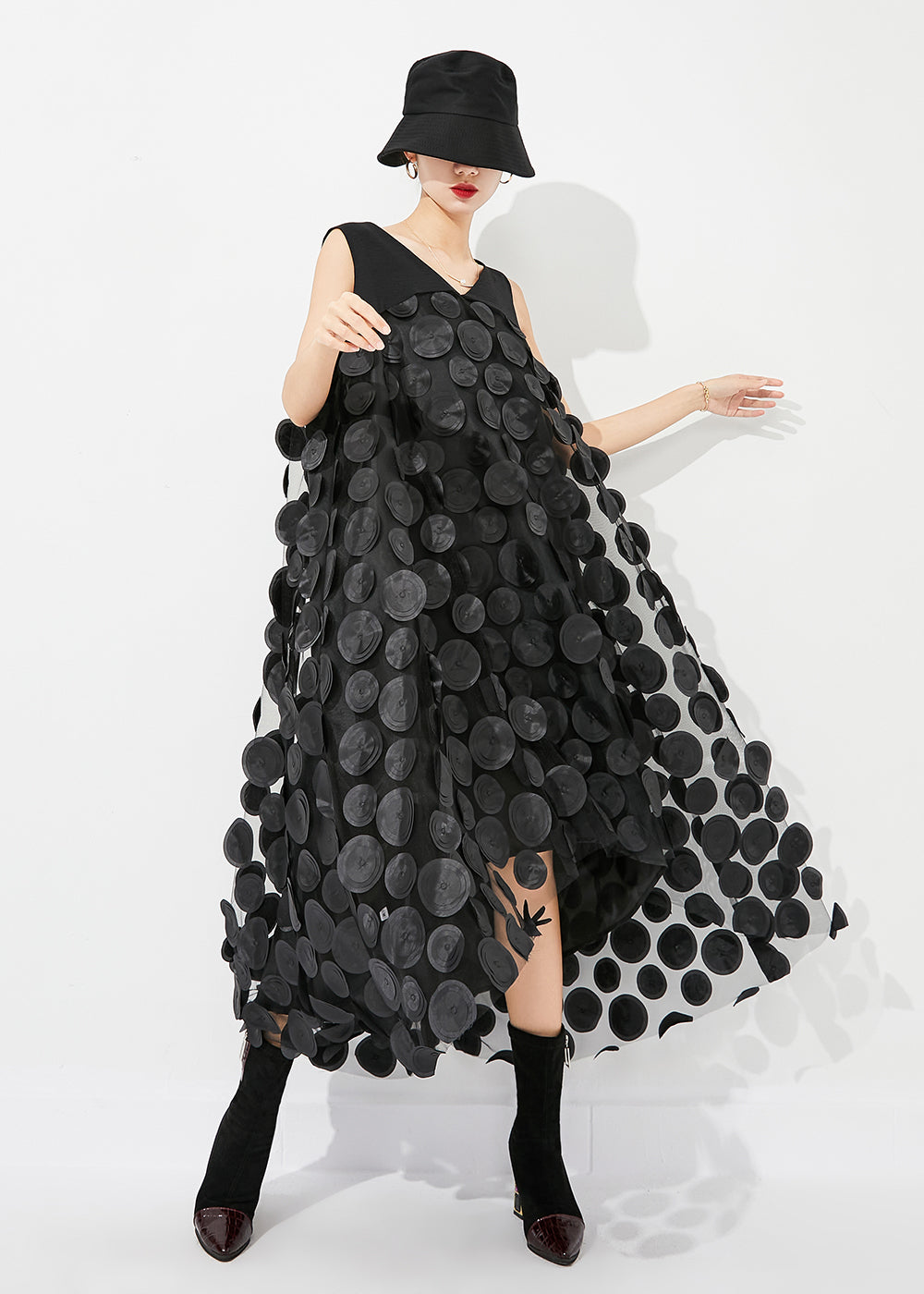 Fine Black V Neck Patchwork Low High Design Tulle Long Dresses Sleeveless LY0882 - fabuloryshop