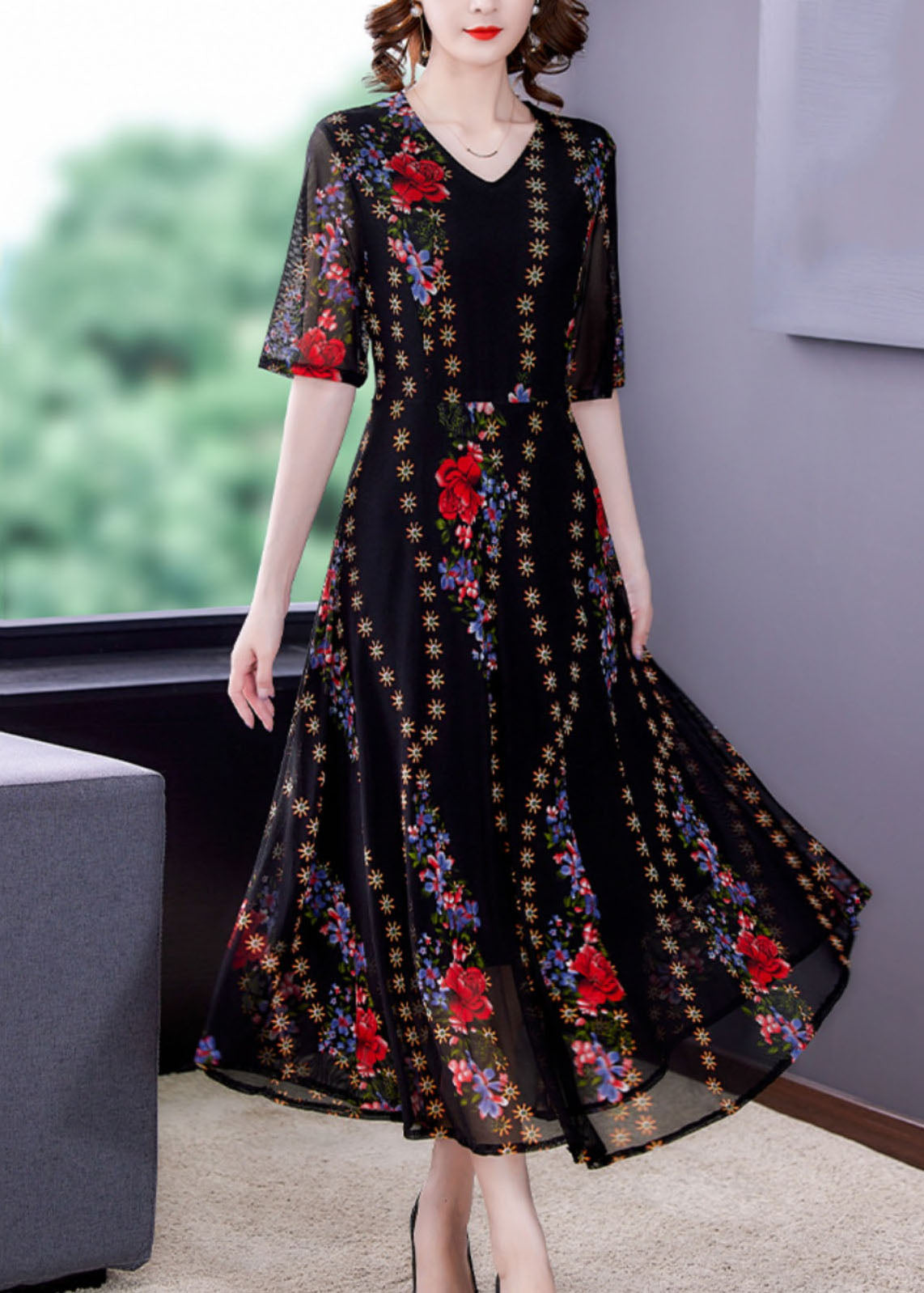 Fine Black V Neck Print Patchwork Tulle Long Dresses Summer LY5907 - fabuloryshop