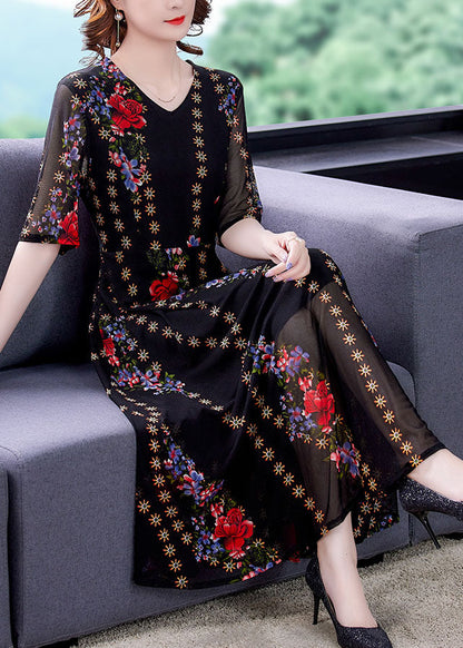 Fine Black V Neck Print Patchwork Tulle Long Dresses Summer LY5907 - fabuloryshop