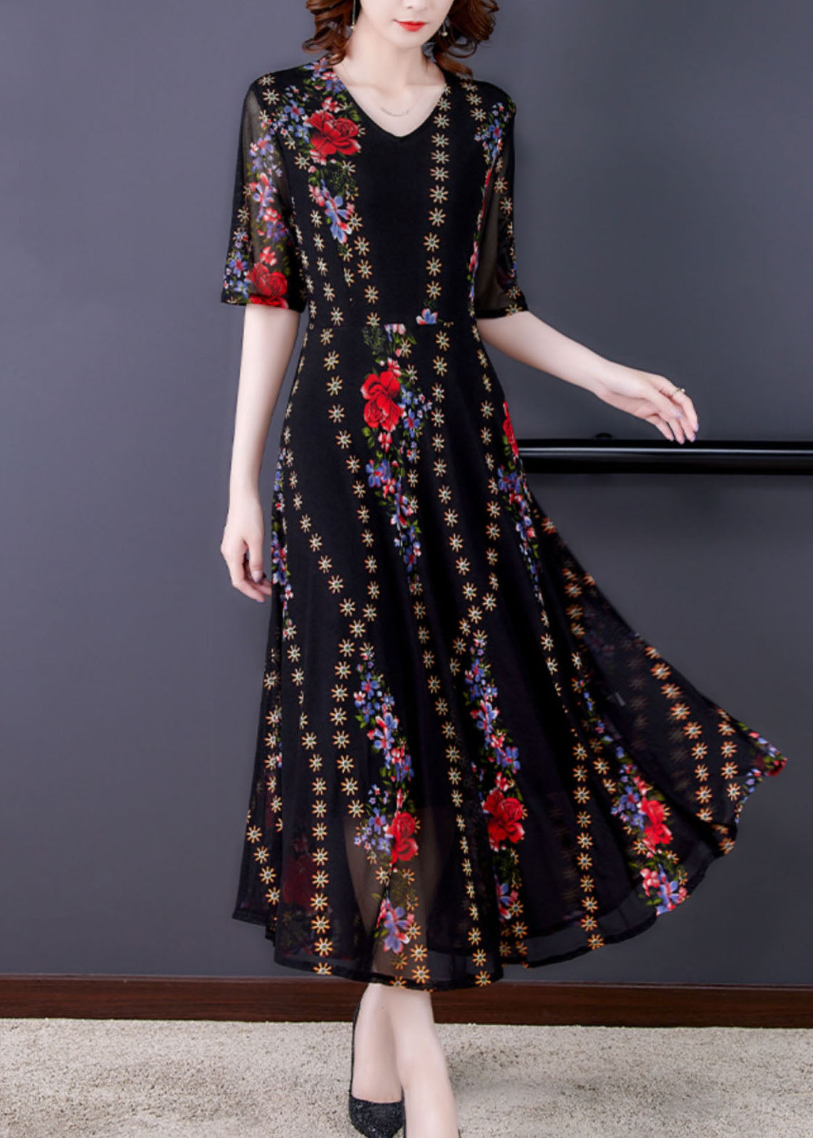 Fine Black V Neck Print Patchwork Tulle Long Dresses Summer LY5907 - fabuloryshop