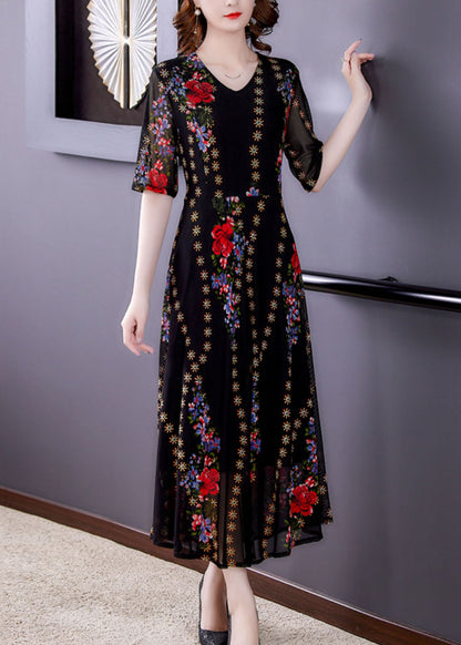 Fine Black V Neck Print Patchwork Tulle Long Dresses Summer LY5907 - fabuloryshop