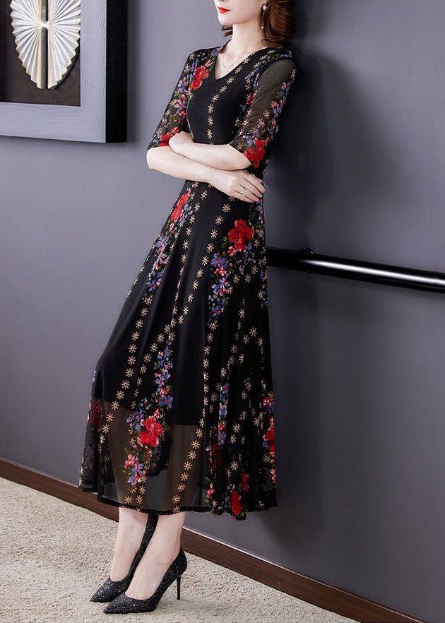 Fine Black V Neck Print Patchwork Tulle Long Dresses Summer LY5907 - fabuloryshop