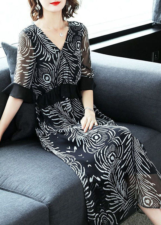 Fine Black V Neck Ruffles Print Chiffon Long Dress Summer LC0094 - fabuloryshop