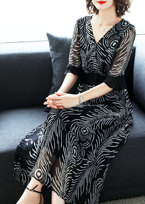 Fine Black V Neck Ruffles Print Chiffon Long Dress Summer LC0094 - fabuloryshop