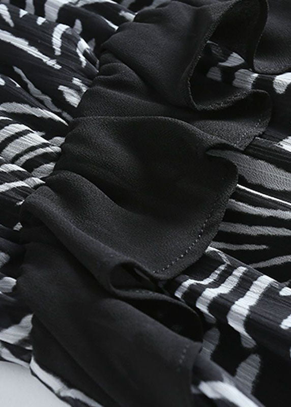 Fine Black V Neck Ruffles Print Chiffon Long Dress Summer LC0094 - fabuloryshop