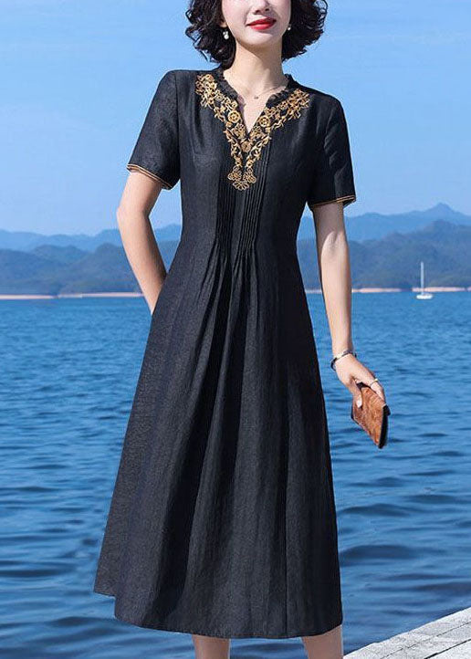 Fine Black V-Neck Wrinkled Patchwork Embroideried Silk Dress Summer LY2236 - fabuloryshop