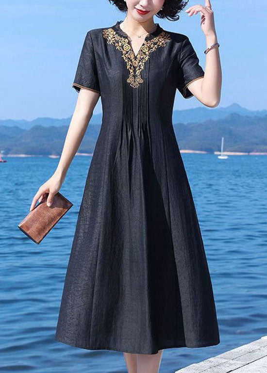 Fine Black V-Neck Wrinkled Patchwork Embroideried Silk Dress Summer LY2236 - fabuloryshop